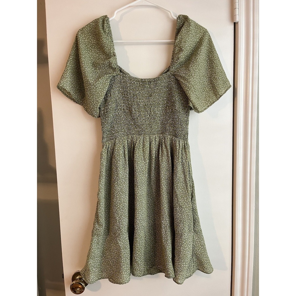 Abercrombie Sage Green Floral Mini Dress Babydoll Peasant Cottage Prairie Size S